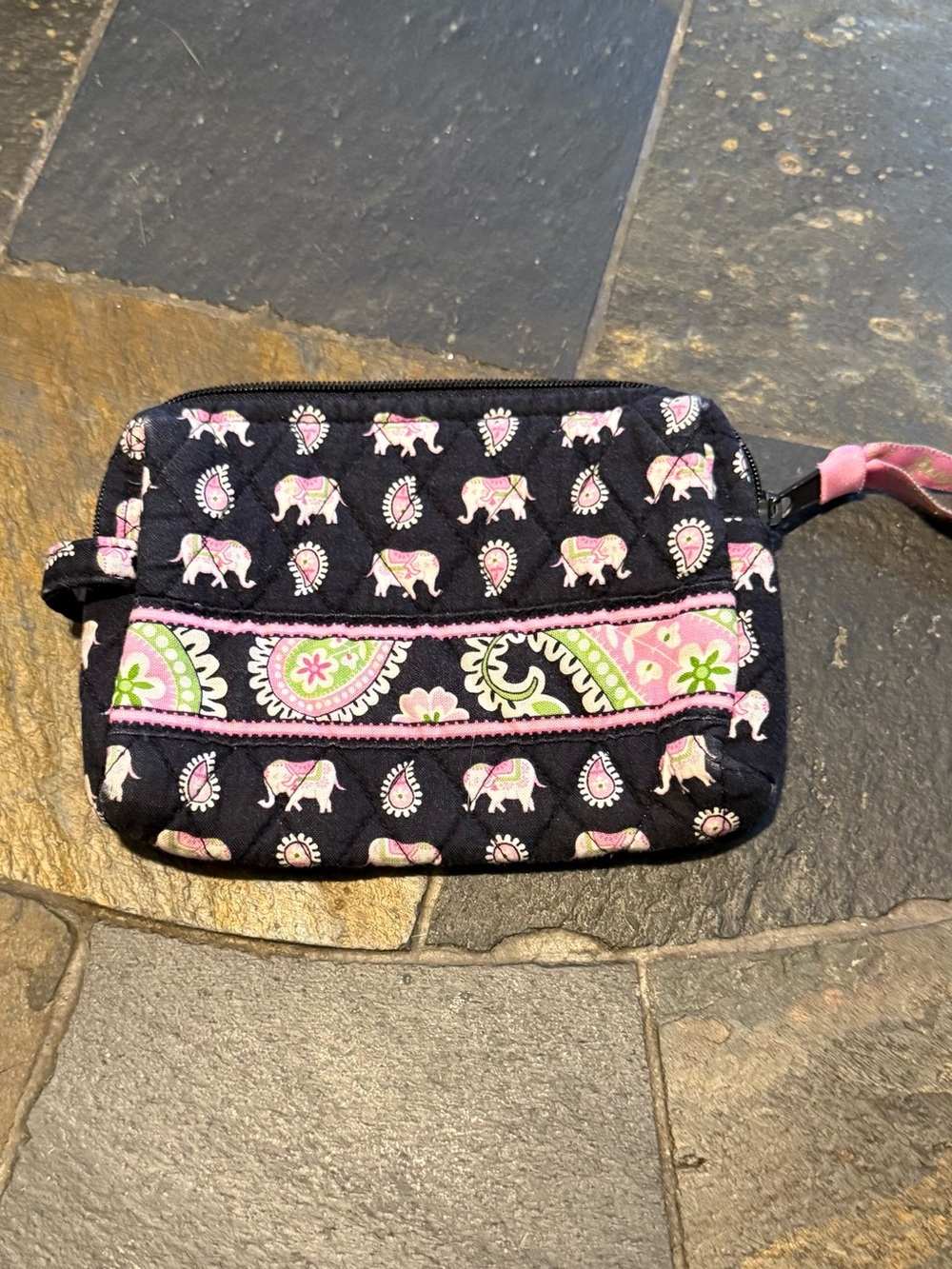 Vera Bradley Black Quilted Wristlet with Pink & Green Paisley Elephant Print